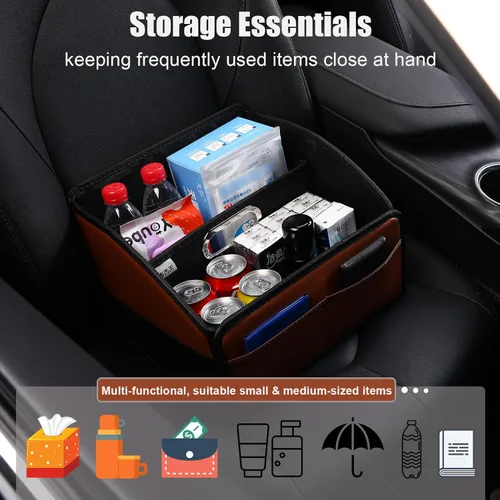 Miniatura 7 de Organizador de cuero para asiento de automóvil, caja de almacenamiento plegable para asiento delantero, asientos traseros y piso, divisor extraíble