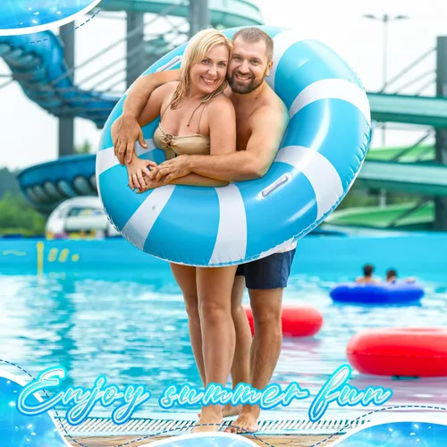 Miniatura 7 de WinnerWhy 1 anillo de natación azul jumbo con asas de 47.24 pulgadas, tubo inflable de flotador de piscina clásico a rayas para adultos, tumbonas