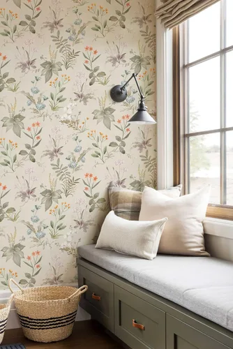 Miniatura 2 de Simon&Siff - Papel tapiz vintage despegar y pegar beige floral papel adhesivo flores silvestres botánico removible amigable para inquilinos 17,3