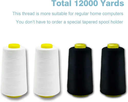 Miniatura 4 de Hilo serger blanco y negro, hilo multiusos para coser, poliéster, 4 conos de 2743 m cada uno para máquina de coser