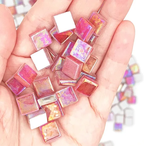 Miniatura 5 de Azulejos de mosaico de cristal cuadrados de 1.1 libras, azulejos de mosaico de vidrio iridiscentes para manualidades, piezas de mosaico, Fucsia