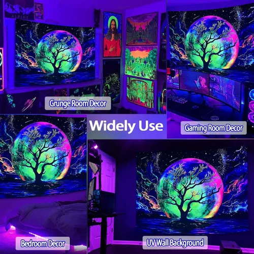 Miniatura 6 de Faxdong Tapiz de luna con luz negra, reactivo a los rayos UV, árbol lago, colorido estrellado, noche estrellada, galaxia, nubes espaciales, tapiz