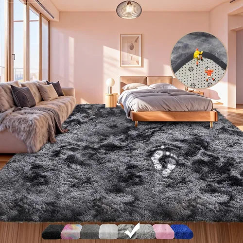 Miniatura 17 de Alfombra negra lanuda para sala de estar o dormitorio, ultra suave y esponjosa, alfombra peluda de 4 x 6 pies, alfombra de noche de felpa