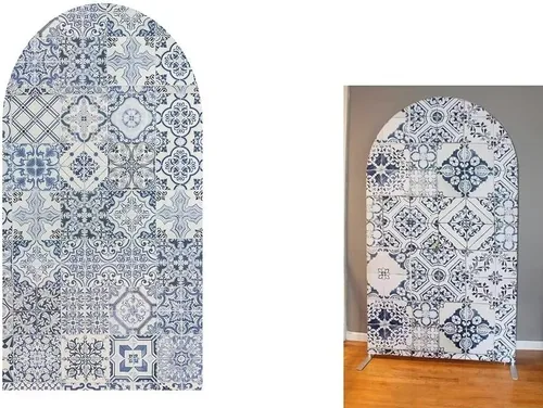 Miniatura 2 de Fundas de fondo de arco de porcelana, decoración de fiesta mediterránea, azulejos azules arqueados para fotografía, cubiertas de soporte
