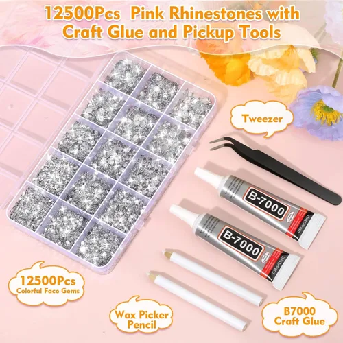 Miniatura 2 de B-7000 Pegamento con 14000 diamantes de imitación artesanales para ropa, diamantes de imitación plateados de resina con parte trasera plana, kit