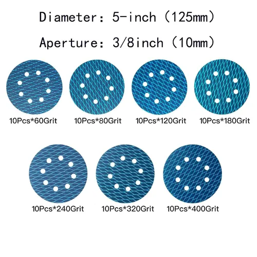 Miniatura 4 de Papel de lija de escamas de pescado de 5 pulgadas, 8 agujeros, disco de lijado de gancho y bucle, papel de arena 60/80/120/180/240/320/400, grano