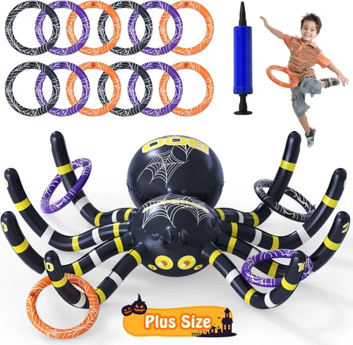 Miniatura 8 de Garma Juegos de lanzamiento de anillos de araña de Halloween para niños, decoraciones de araña inflable gigante, juego de fiesta de Halloween, 1