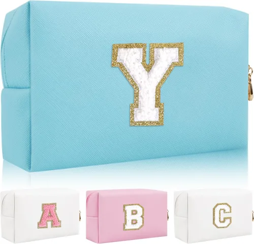 Miniatura 38 de Bolsa de maquillaje con parche de letra inicial personalizada, bolsa de cosméticos de chenilla preppy con letra de chenilla con cremallera, Y