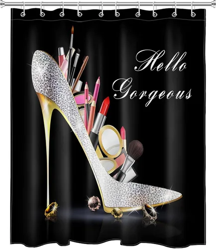 Miniatura 4 de EOBTAIN Cortina de ducha de tacón alto con diamantes de maquillaje Hello Gorgeous Lipstick Bling Fashion Shoes Sexy Girls Fancy Beautiful Lady