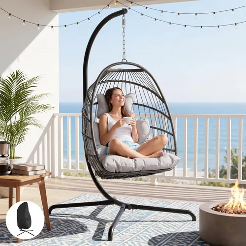Miniatura 14 de NICESOUL Silla de huevo sin soporte para interiores y exteriores, cómoda silla colgante de mimbre para patio con cojín, hamaca columpio de 350 Beige