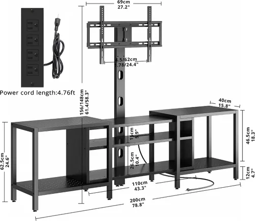 Miniatura 8 de IRONCK Soporte de TV de 79 pulgadas para televisores de hasta 85 pulgadas con soporte y toma de corriente, consola de TV de 3 niveles con estantes