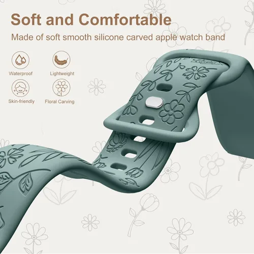 Miniatura 3 de DaQin Paquete de 4 correas florales grabadas compatibles con Apple Watch para mujeres de 40mm 41mm 42mm 44mm 45mm 46mm 38mm 49mm, correa de silicona