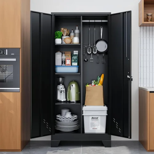 Miniatura 6 de Armario de almacenamiento para exteriores de 61 pulgadas, cobertizo de almacenamiento de metal resistente con puertas ventiladas y ganchos