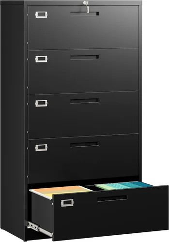 Miniatura 16 de SISESOL Archivador lateral de 3 cajones con cerradura, archivador lateral negro, archivadores horizontales de metal, archivadores de tres cajones
