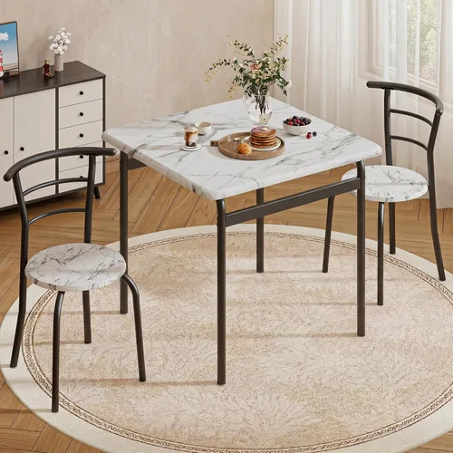Miniatura 24 de VECELO Juego de mesa de comedor de 3 piezas para rincón de desayuno, mesa ovalada de mármol sintético y marco de metal con estante de vino Blanco