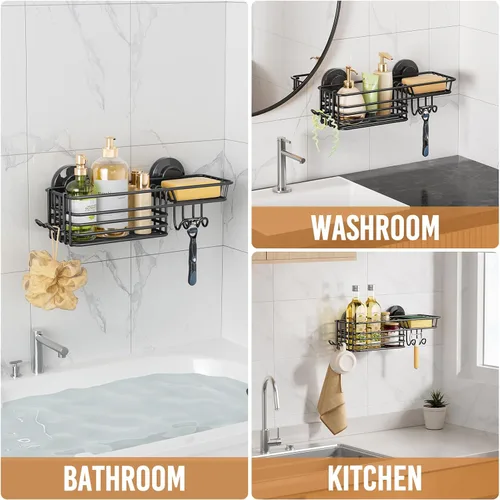 Miniatura 6 de LEVERLOC Cesta de ducha con ventosa, cesta de ducha con ganchos y jabonera para baño, organizador de ducha para baño sin necesidad de taladrar