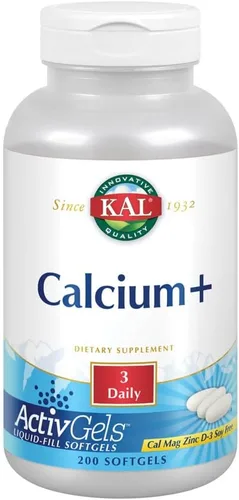 KAL Cápsulas blandas de calcio Plus, 1000 mg por porción, suplemento de calcio, magnesio, zinc y D3, para hombres y mujeres, 200 cápsulas blandas
