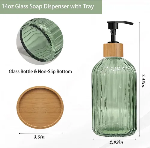 Miniatura 3 de Green Glass Soap Dispenser with with Bamboo Pumps & Tray, 140z Hand and Dish Soap Dispenser Bathroom Set, Vertical Stripe Bathroom Lotion Dispenser
