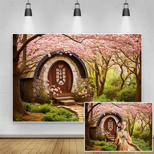 Telón de fondo de primavera de 8 x 6 pies para jardín, flores de cerezo rosa, camino de piedra, paisaje natural, fondo de fotografía para viajes al