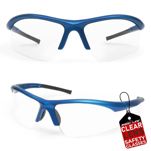 BISON LIFE Sport MTX - Gafas de seguridad transparentes con patillas azules, ANSI Z87+, resistentes a los impactos, lentes de protección UV