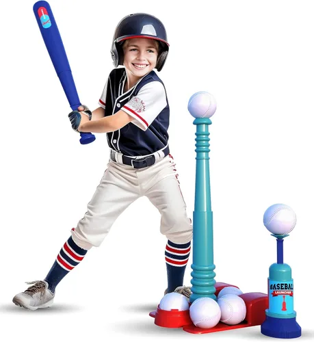 Miniatura 9 de TOMLEON Soporte de T-Ball para niños y niñas de 1-3, 3-5, 5-8 años. Set de béisbol con 6 pelotas grandes, camiseta de bateo T-ball ajustable