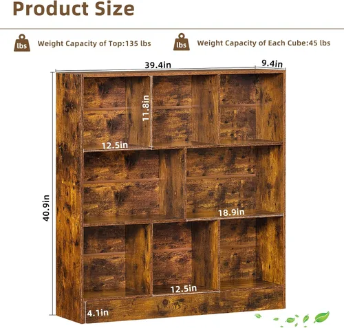 Miniatura 2 de LEYAOYAO - Estantería de 8 cubos con base, estantería de 3 niveles de estilo moderno de mediados de siglo, color marrón, estanterías amplias