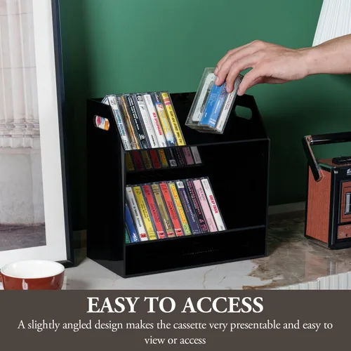 Miniatura 3 de MyGift Soporte para casetes compactos de acrílico negro de 2 niveles con asas de transporte recortadas, cintas de casete de audio retro, soporte