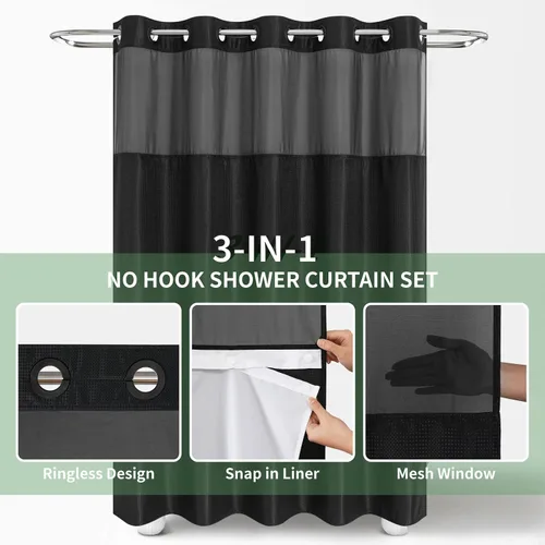 Miniatura 2 de eachope Cortina de ducha negra sin gancho con forro de tela a presión, cortinas de ducha de tejido gofre para baño, juego de cortinas de baño