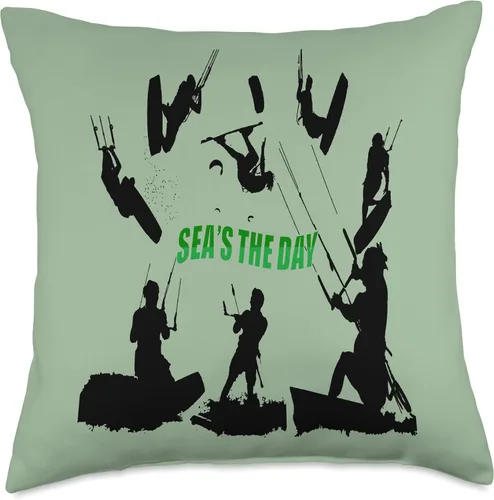 Miniatura 4 de Kitesurf Gifts and Surf Lover Tees by taiche Kitesurfer Pattern Black Silhouette Seas The Day Fun Pun 2 Throw Pillow, 16x16, Multicolor