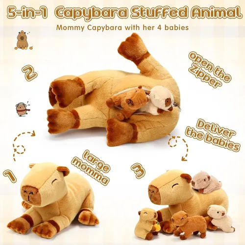 Miniatura 3 de Peluches Capybara 5 en 1 con bebés en el interior, 15.75 pulgadas Capybara Mommy con 4 lindos bebés, almohada de felpa para niñas, niños, regalos