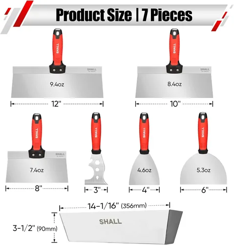 Miniatura 2 de SHALL Kit de Herramientas para Paneles de Yeso, Juego de 7 Piezas de Acero Inoxidable, Incluye Espátula para Masilla, Cuchillo de Encintar