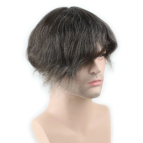 Toupee para hombre 10 × 8 "cabello humano 5# mezcla de colores 10% gris sintético hairpiece piel fina sistema de reemplazo de pelo base de red