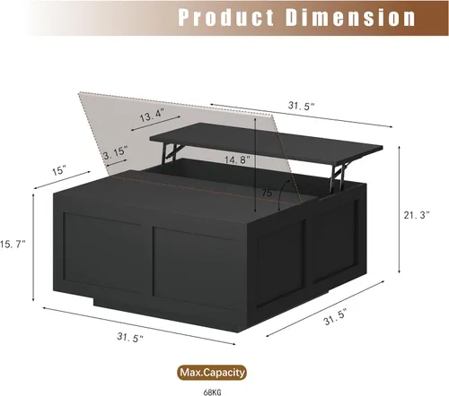 Miniatura 2 de HedoAjim Mesa de centro elevable con almacenamiento, mesa de centro cuadrada negra de 31.5 pulgadas con gran almacenamiento oculto, mesa central