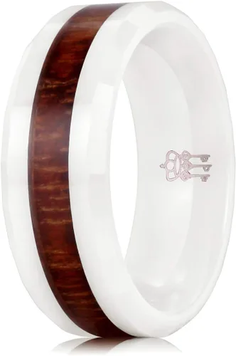 Miniatura 16 de THREE KEYS JEWELRY 6,8mm Black/White Ceramic Wedding Ring with Real Koa Wood Inlay Flat Top Wedding Band Engagement Ring Comfort Fit Size 4-16