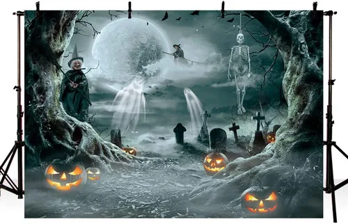 Miniatura 2 de MEHOFOND Telón de fondo de calabaza de Halloween de 7 x 5 pies para fotografía, bosque de terror, luna llena, noche de cementerio, fondo