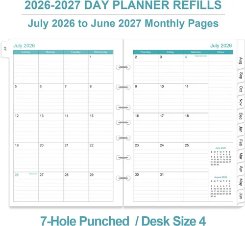 Miniatura 3 de Recambios de agenda 2026-2027, agenda diaria y mensual de una página por día, julio de 2026 a junio de 2027, 7 agujeros perforados, priorizada