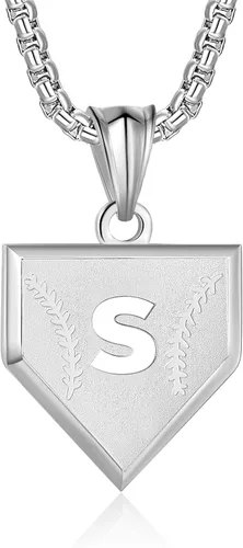 Miniatura 70 de Collar con inicial de la A a la Z para niños, de acero inoxidable, con dije de escudo de letra, cadena de 22 + 2 pulgadas, inspirador de béisbol