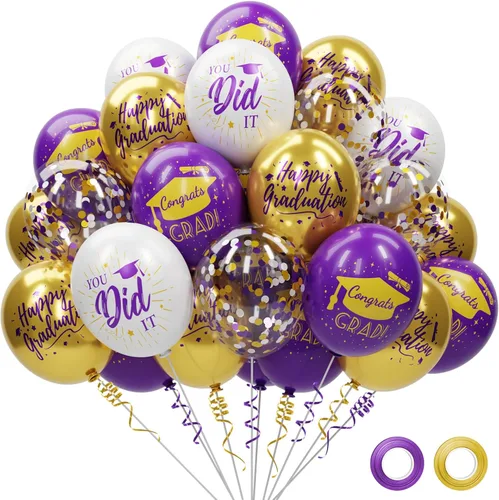 Miniatura 12 de Paquete de 78 globos de graduación 2026, decoraciones de graduación, globos de graduación de 12 pulgadas de oro negro con cintas para decoraciones