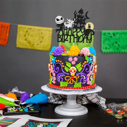 Miniatura 4 de 1 pieza de decoración de pastel de Halloween con purpurina Jack y Sally calabaza murciélago castillo fantasma Halloween pastel Pick para fiesta