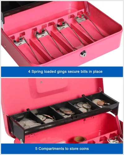 Miniatura 2 de Caja de dinero grande con bandeja de dinero y cerradura, caja de dinero de metal para efectivo, caja de seguridad de 11.8 x 9.5 x 3.54 pulgadas, rosa