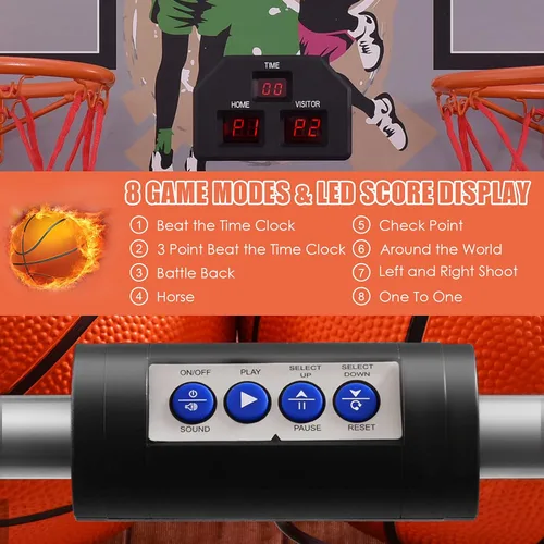 Miniatura 4 de Giantex Juego de Arcade de Baloncesto Plegable, 8 Opciones de Juego, Juego Electrónico de Tiro Doble para 2 Jugadores con 4 Bolas y Sistema de Blanco