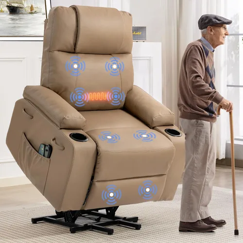 Silla Reclinable con Elevador Eléctrico para Personas Mayores con Masaje y Calor, Sillón Reclinable Eléctrico de Cuero PU Ajustable 160° con Control