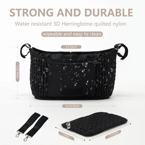 Miniatura 3 de Organizador de cochecito - Elegante nailon acolchado, ajuste universal, bolsa desmontable, almacenamiento múltiple ajustable para cochecito de bebé