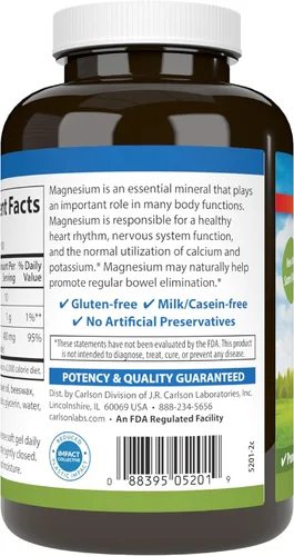 Miniatura 9 de Carlson - Geles de magnesio, 400 mg de magnesio por cápsula blanda, soporte cardíaco y muscular, cápsulas de gel de magnesio, función intestinal