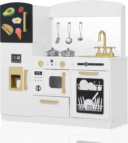 Miniatura 8 de TODEFULL Juego de cocina de simulación para niños, juego interactivo de madera con diseño realista, fregadero, microondas, máquina de hielo, Rosa