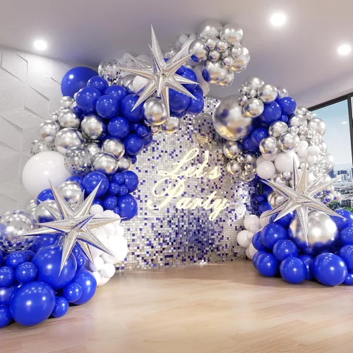 FOTIOMRG Kit de arco de guirnalda de globos azul real y plateado de 131 piezas, globos azul real blanco plateado de confeti para decoraciones de