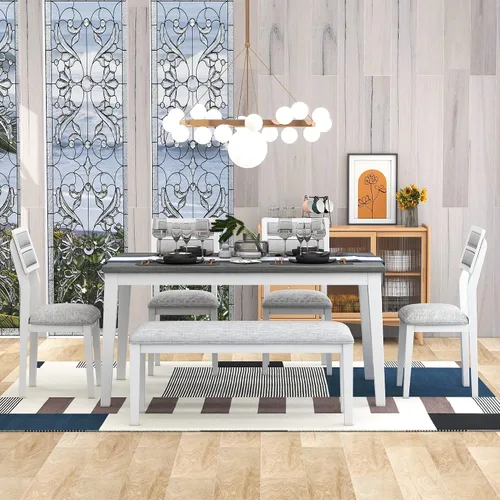 Miniatura 16 de Juego de mesa de comedor de 6 piezas estilo granja, mesa rectangular con soporte y 4 sillas tapizadas y banco, juego de muebles de cocina