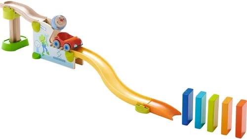 HABA Juego de carreras de pelota y pista con coche y dominó, 16 piezas Kullerbü Marble Runs y juegos de construcción para niños de 2 años en