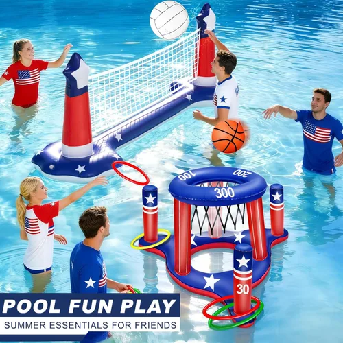 Miniatura 5 de Grandes juegos inflables de piscina, red de voleibol y aro de baloncesto con 2 pelotas de playa, bandera estadounidense, juguetes de agua
