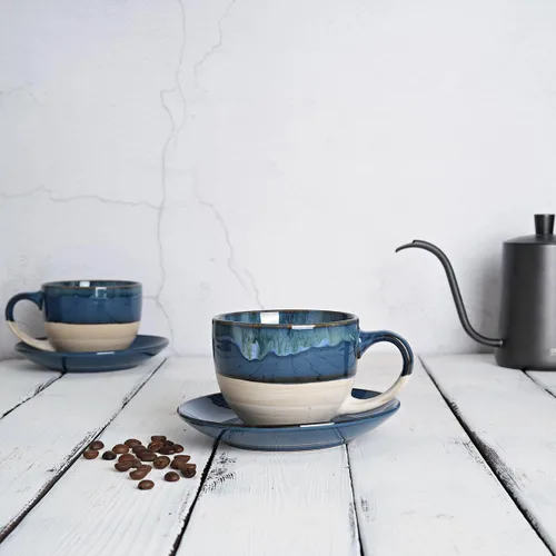 Miniatura 4 de Bosmarlin Juego de 2 Tazas de Capuchino de Cerámica con Platillo, 10 Oz, Tazas de Café para Café con Leche, Espresso, Té, Aptas para Lavavajillas